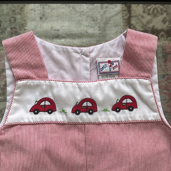 Petit Ami Boys Embroidered Red Car Striped Jon Jon - Picture 2 of 6